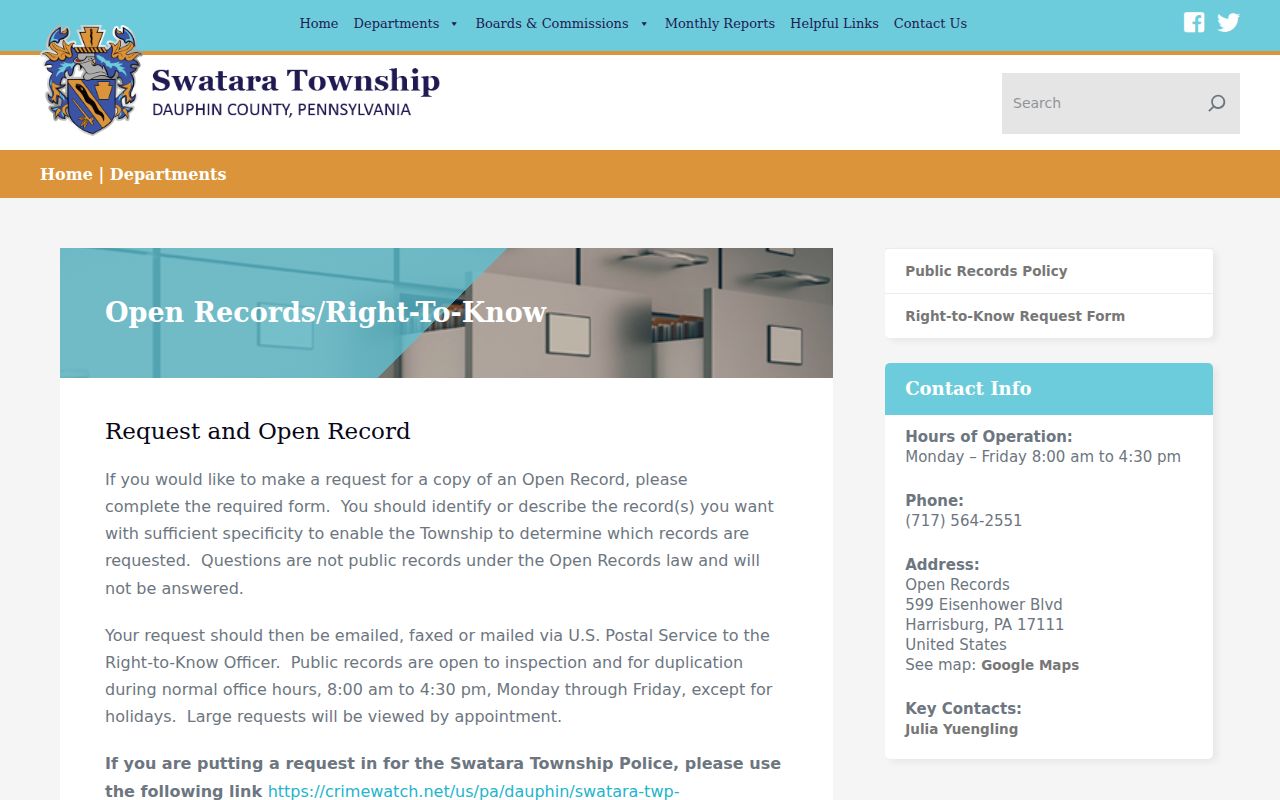 Swatara Township residents directory Right-to-Know records request