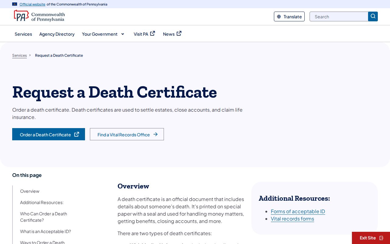 Swatara Township resident lookup death certificate access through Pennsylvania Vital Records